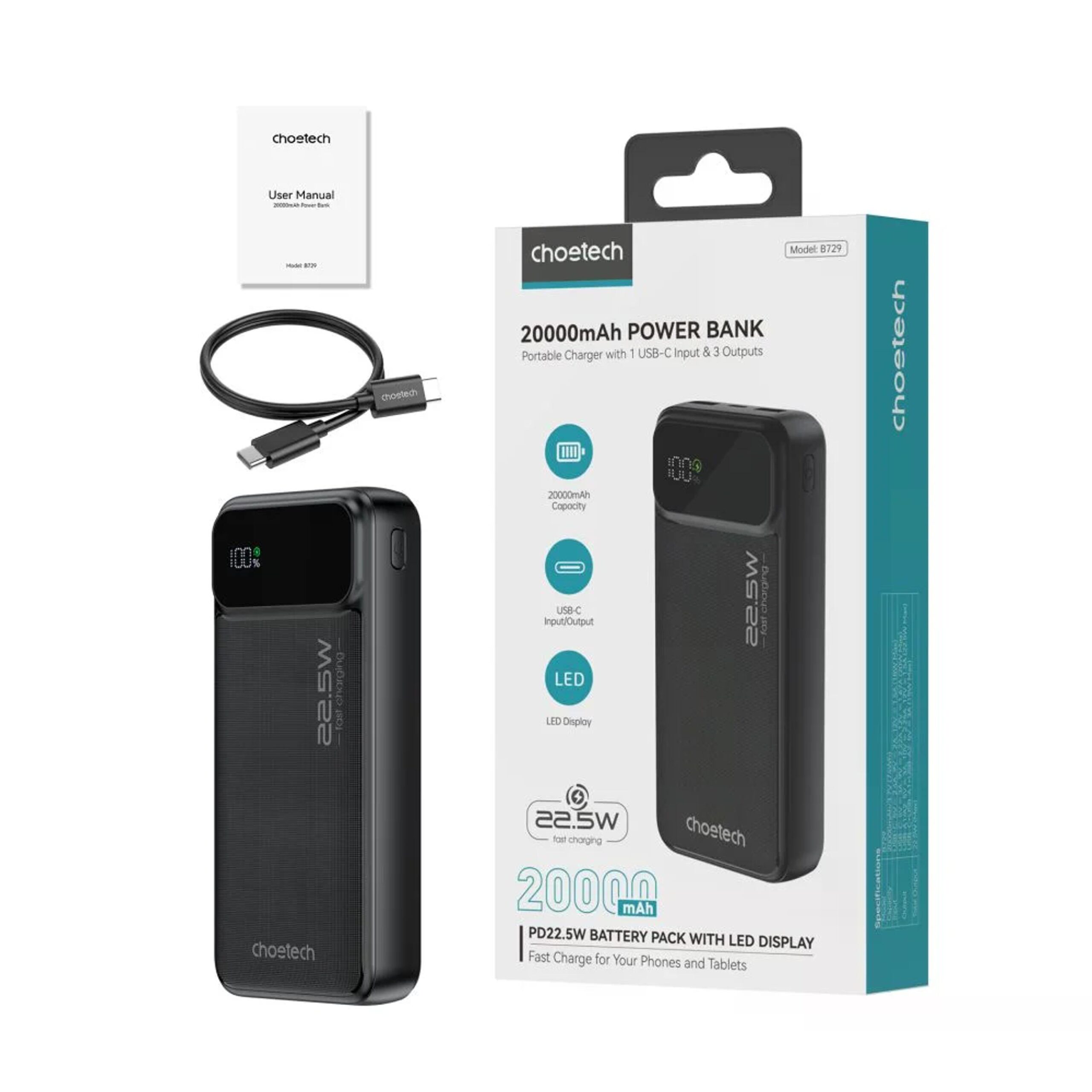 Павербанк Choetech B729 20000mAh Black 22.5W QC3.0 PD3.0 — изображение 3