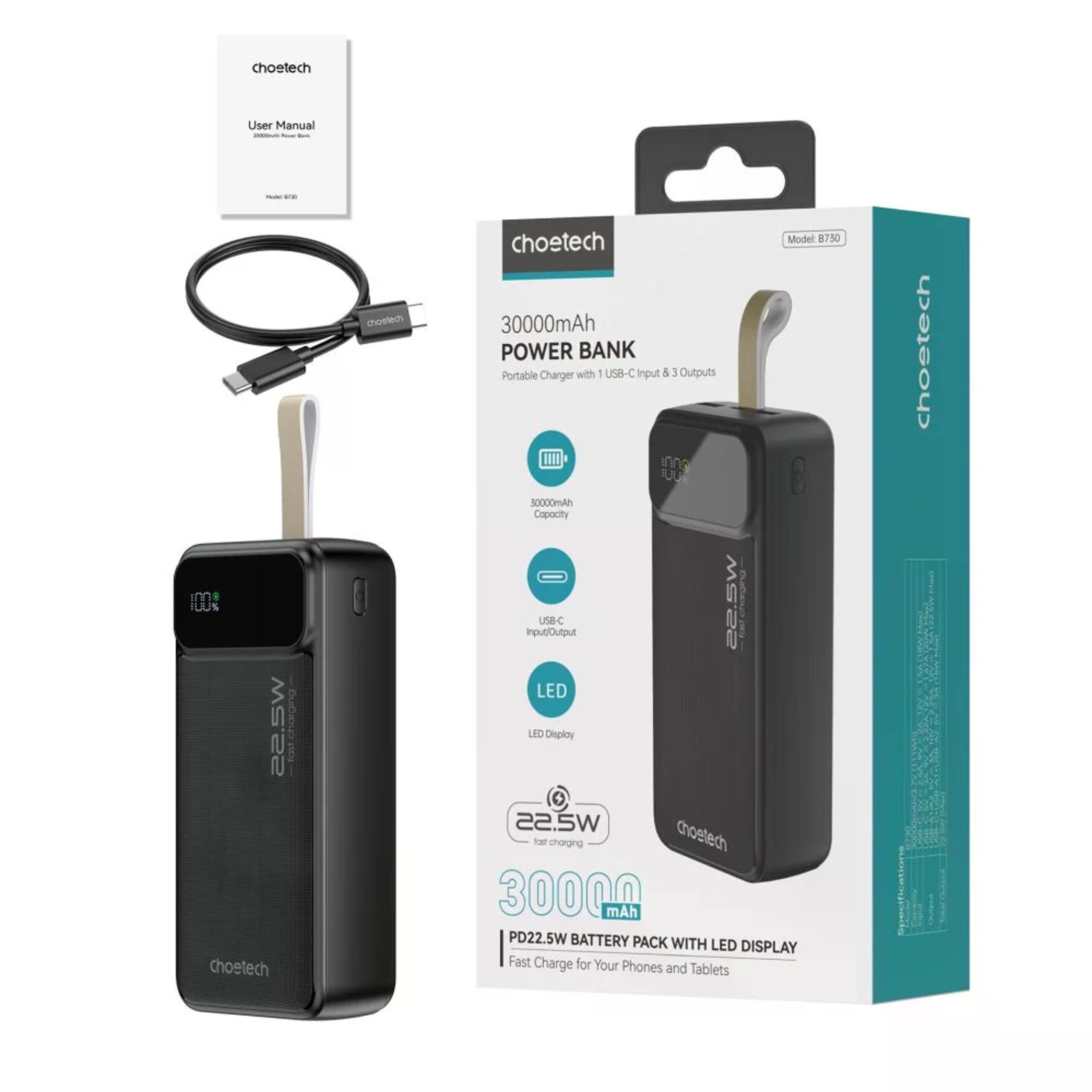 Повербанк Choetech B730 30000mAh Black 22.5W QC3.0 PD3.0 — изображение 3