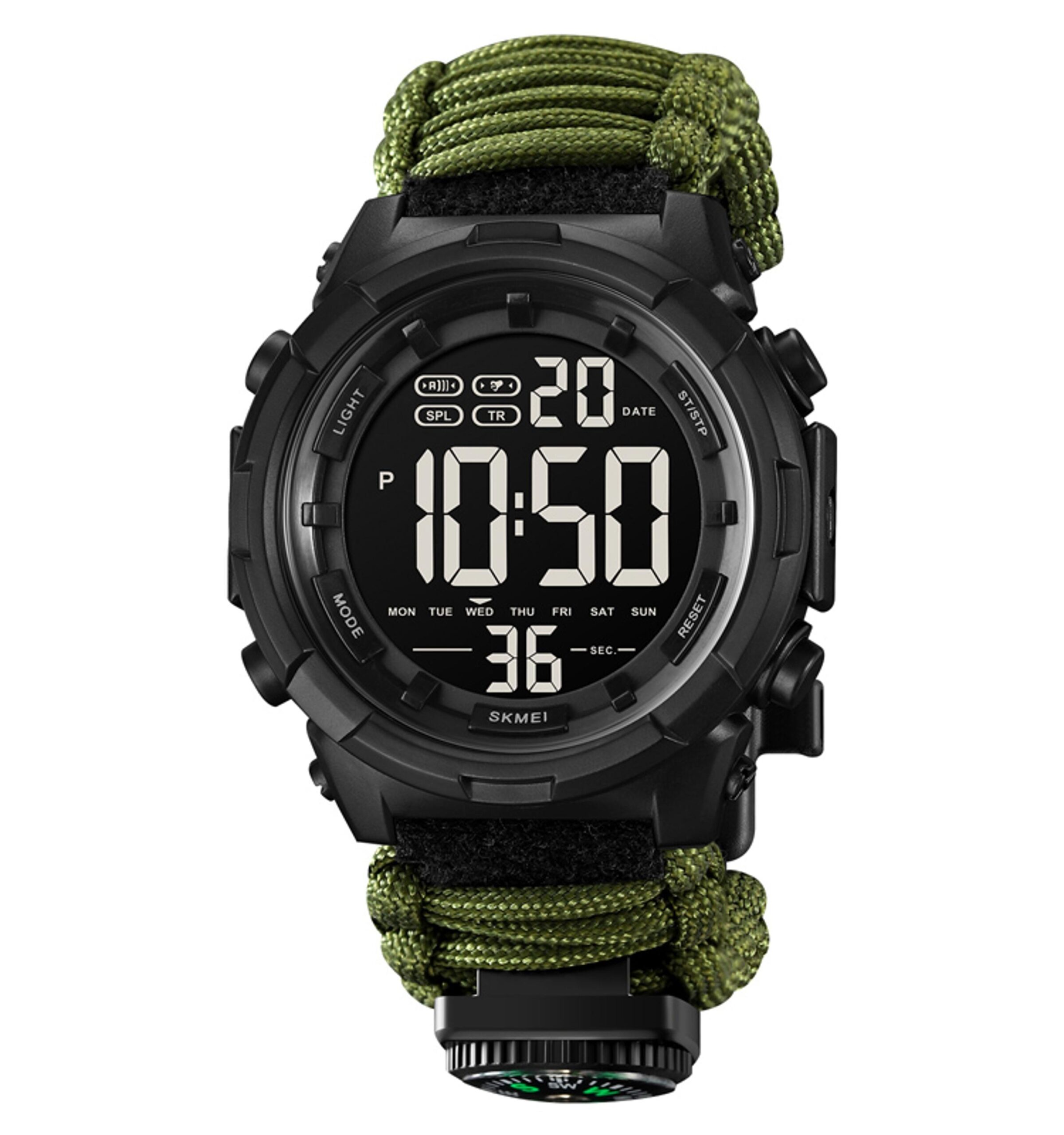 Годинник наручний 1845AG SKMEI PARACORD, ARMY GREEN, Compass, термометр, свисток, кресало
