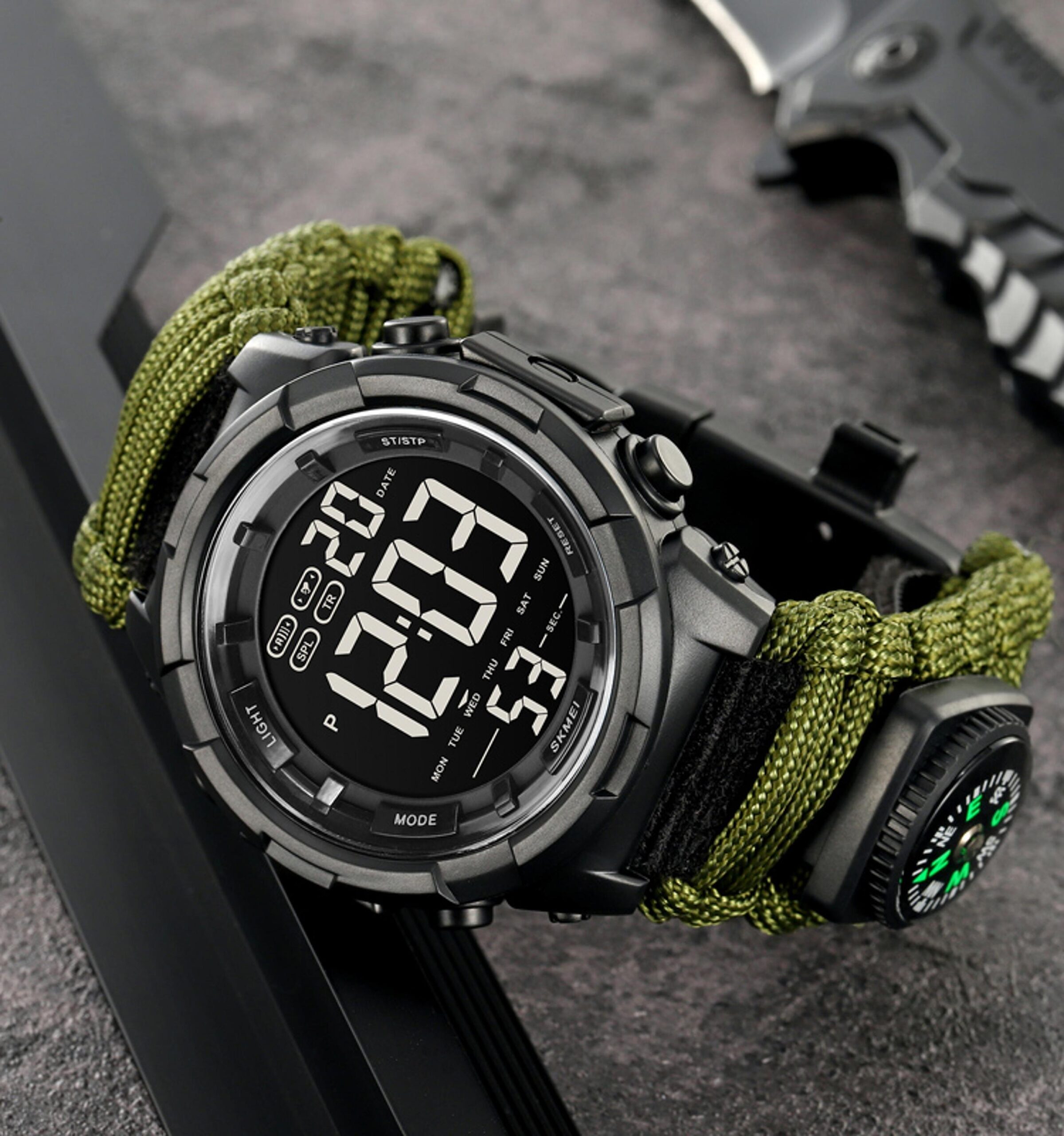 Годинник наручний 1845AG SKMEI PARACORD, ARMY GREEN, Compass, термометр, свисток, кресало - Зображення 3