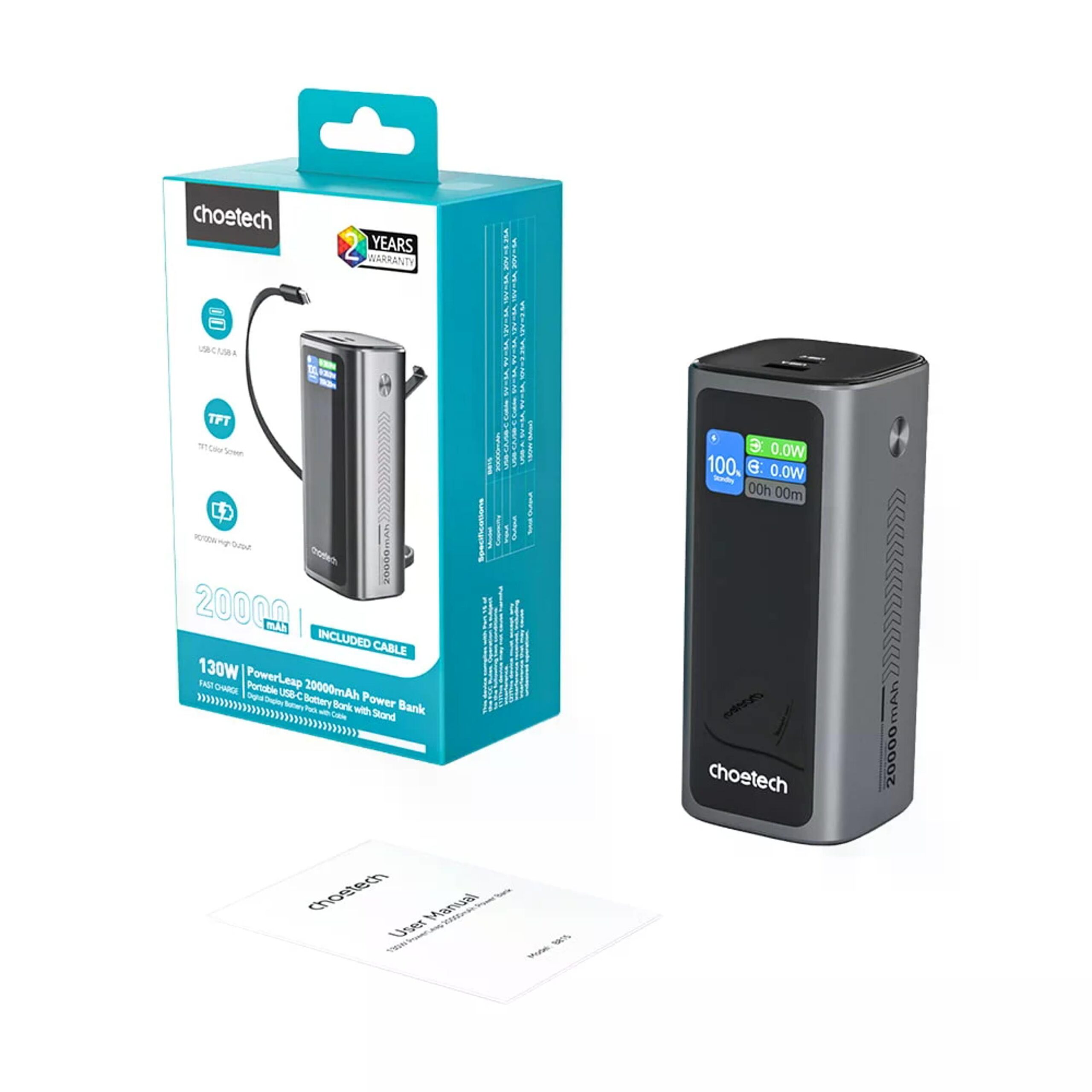 Павербанк Choetech B815 20000mAh серый 130W QC3.0 PD3.0 TFT смарт-дисплей, встроенный кабель. — изображение 4